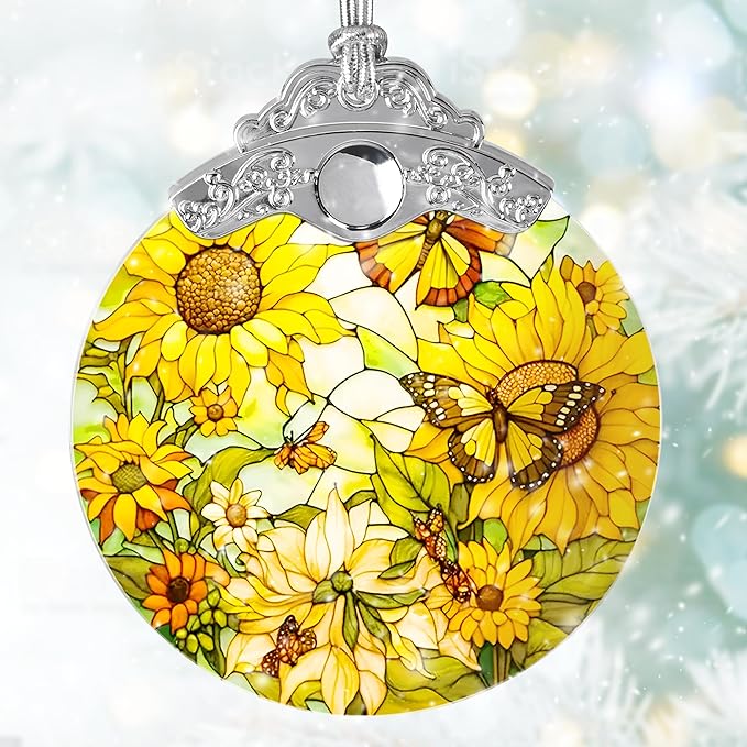 Stained Glass Suncatcher, Jocidea Sunflower and Butterfly Decor, Christmas Ornament, Holidays Ornaments, Christmas Tree Ornament, Sunflower and Butterfly Gifts-VerdiqueGarden