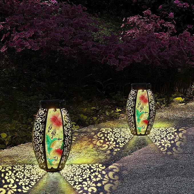 Solar Lanterns Outdoor Hanging Light - Solar Powered Hummingbird Glass LED Lights Decorative Waterproof Tabletop Lamp with Hollowed-Out Design for Indoor Yard Table Patio Garden Pathway Holiday-VerdiqueGarden