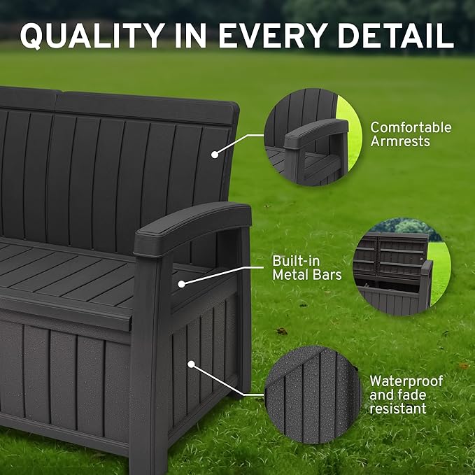 EconoHome 3 Seat Outdoor Storage Bench with Rain Cover - 90 Gallon Capacity - Weatherproof Resin Bench for Patio, Porch, Garden, Yard, Pool Area - Furniture for Pool Accessories, Gardening Tools-VerdiqueGarden