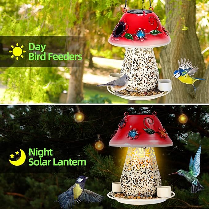 Mushroom Solar Bird Feeders for Outdoors Hanging Metal Wild Bird Feeder Garden Lantern with S Hook for Garden Decoration red-VerdiqueGarden