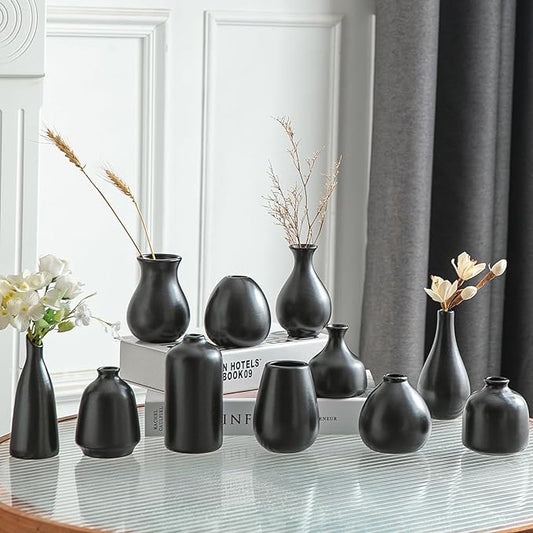 JOJUNO Black Bud Vases, Small Ceramic Vase Set of 11, Mini Pottery Vases for Flowers, Decorative Pieces for Home Modern Decor, Boho Decor, Chic Accents for Living Room Dining Table Shelves-VerdiqueGarden