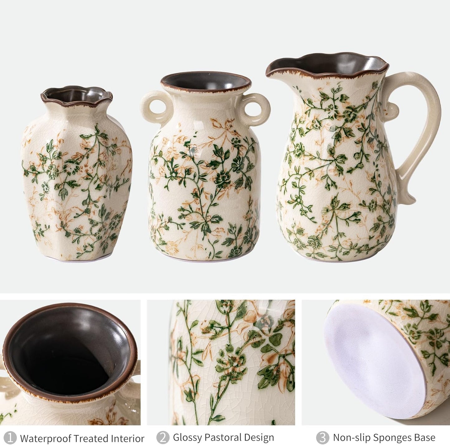 Ceramic Vases Set of 3, Green & Beige Chinoiserie Flower Pitcher Vase, Farmhouse Vintage Floral Vase Home Decor for Mantle, Fireplace, Kitchen Counter, Living Room Bookshelf Rustic Table Centerpiece-VerdiqueGarden