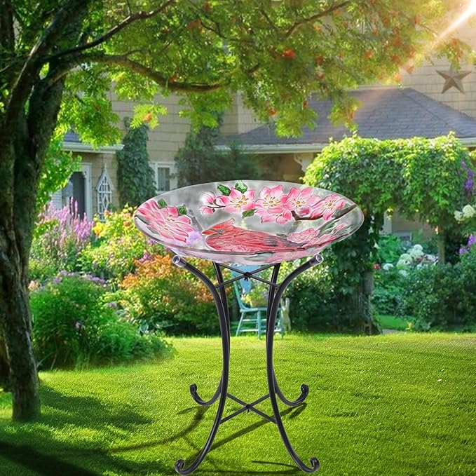 VCUTEKA Bird Baths for Outdoors, Glass Bird Bath with Metal Standing for Garden, Yards Patio Décor, Bird Lovers Gift, Cardinal Glass Birdbath Detachable (22" H * 18" W)-VerdiqueGarden