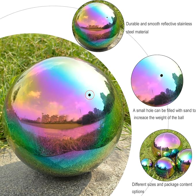 Nerien Gazing Ball, Stainless Steel Garden Mirror Globe, Polished Ornament Sphere, Hollow Floating Reflective Hemisphere, for Home Outdoor Pond Housewarming Swimming Pool Decoration, Rainbow, 8Pcs-VerdiqueGarden