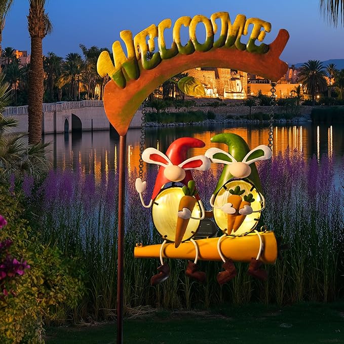 HONGLAND Solar Lights Outdoor Decor, Rabbit Swing Garden Decor, Funny Gardening Gifts for Women Mom, Gnomes Outdoor Decorations with Welcome Sign for Front Porch Patio-VerdiqueGarden
