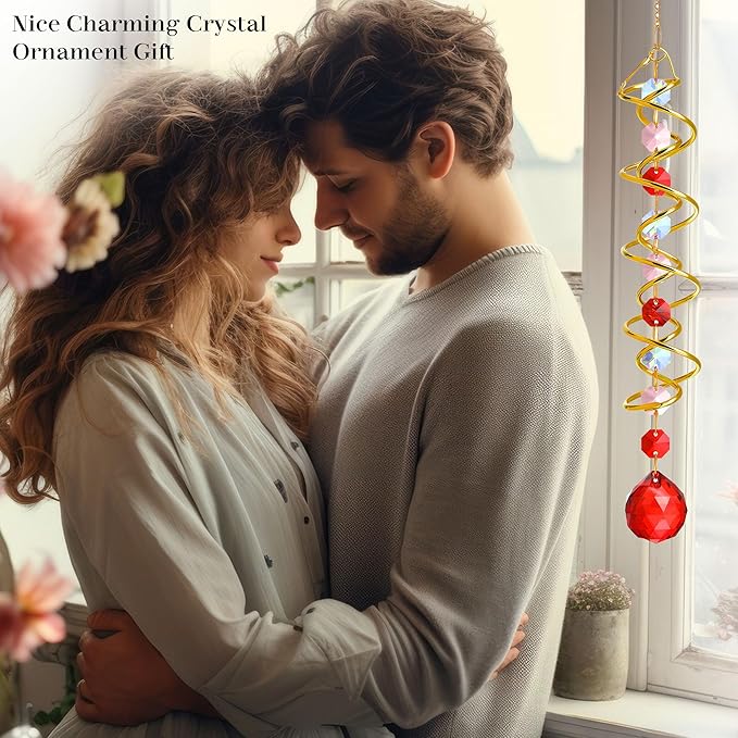 H&D HYALINE & DORA 17.7in Crystal Suncatcher Gazing Ball Spiral Tail,Wind Spinner Sun Catcher with Octagonal Beads,Sun Catchers Window Hanging for Outdoor Garden Decor-VerdiqueGarden