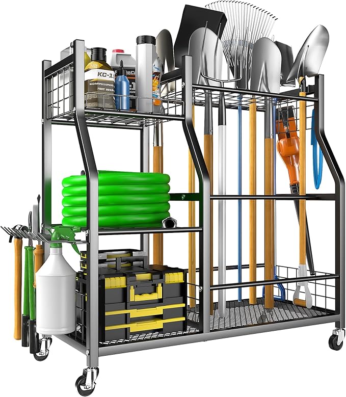 EVERHANGER Garden Tool Organizer Stand, Garage Tool Storage Organization, Yard Tool Racks with lockable wheels, Fit for Long-Handled Tools/Rakes/Brooms-VerdiqueGarden