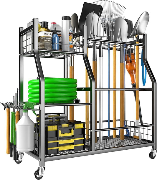 EVERHANGER Garden Tool Organizer Stand, Garage Tool Storage Organization, Yard Tool Racks with lockable wheels, Fit for Long-Handled Tools/Rakes/Brooms-VerdiqueGarden