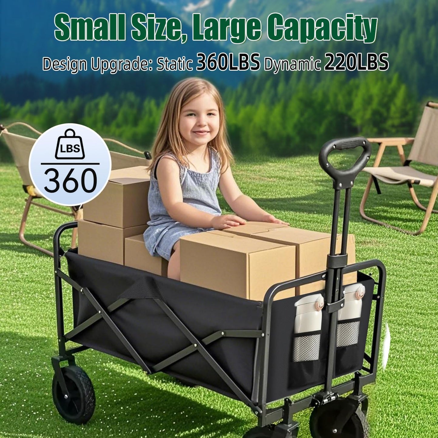 Collapsible Wagon Cart Foldable 360lbs Capacity, Lightweight Portable Beach Wagon, Shopping Carts with Wheels for Grocery, Camping, Shopping, Beach, Fishing, Garden Cart-VerdiqueGarden