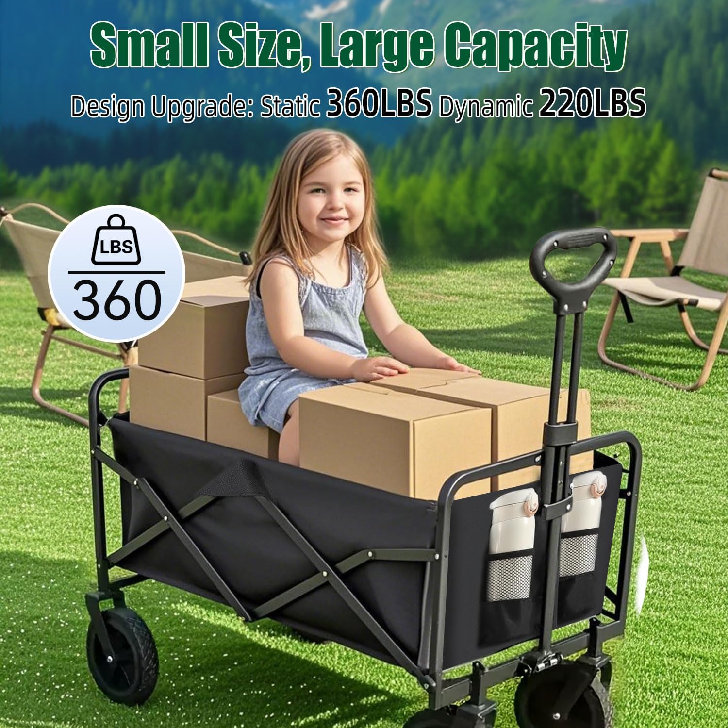 Collapsible Wagon Cart Foldable 360lbs Capacity, Lightweight Portable Beach Wagon, Shopping Carts with Wheels for Grocery, Camping, Shopping, Beach, Fishing, Garden Cart-VerdiqueGarden