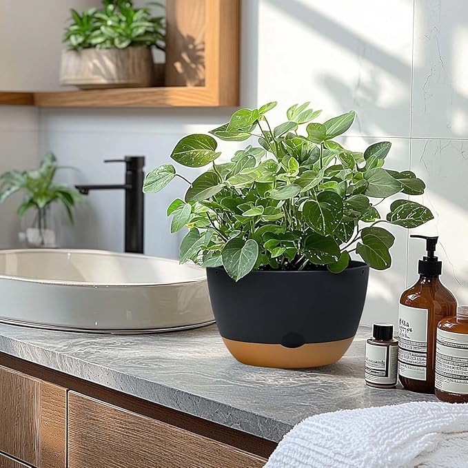 10 Inch Pots for Indoor Plants, Large Self Watering Planters with Drainage and Saucers, Plastic Outdoor Flower Pot, Set of 2, Grey-VerdiqueGarden