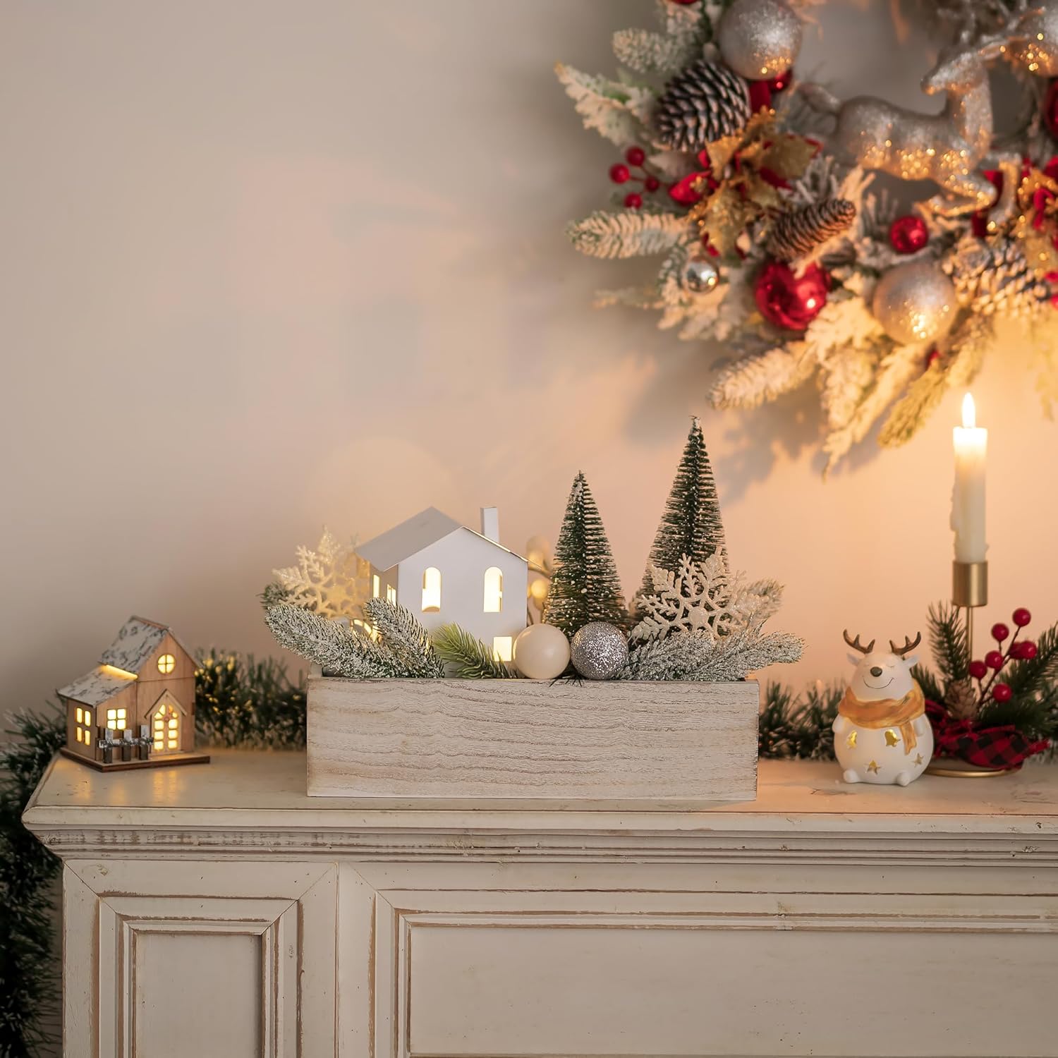 NUPTIO Wooden Box Centerpiece for Table: 2 Pcs 11.8" Long Wood Rectangle Planter Boxes - Farmhouse Washed White Planters for Fall Wedding Dining Living Room Window Mantel Table Decor-VerdiqueGarden