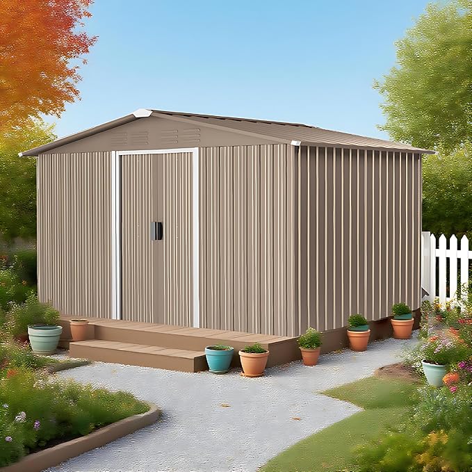 8FT x 6FT Metal Outdoor Storage Shed,Utility and Tool Shed Storage House w/Lockable Sliding Doors & Air Vent,Garden Shed for Backyard,Garden,Patio,Lawn-VerdiqueGarden