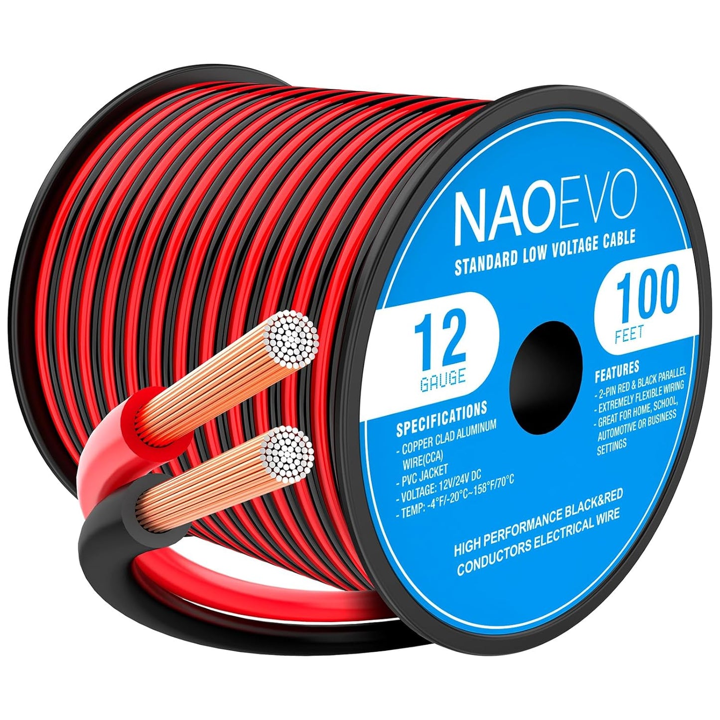 NAOEVO 12 Gauge Wire 100FT, 2 Conductors Electrical Wire Red Black Cable, Flexible/Low Voltage/PVC 12 AWG Copper Clad Aluminum Extension Cord for Speaker, LED Strips, Automotive 12V/24V DC-VerdiqueGarden