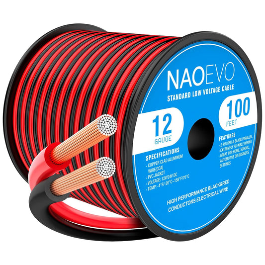 NAOEVO 12 Gauge Wire 100FT, 2 Conductors Electrical Wire Red Black Cable, Flexible/Low Voltage/PVC 12 AWG Copper Clad Aluminum Extension Cord for Speaker, LED Strips, Automotive 12V/24V DC-VerdiqueGarden
