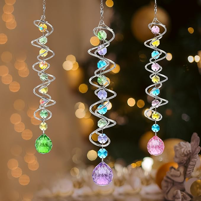 H&D HYALINE & DORA Set of 3 Crystal Sun Catcher for Window Hanging Double-Spiral Gazing Ball Spiral Tail Rainbow Maker Wind Spinners Outdoor for Garden, Patio, Porch, Christmas-VerdiqueGarden
