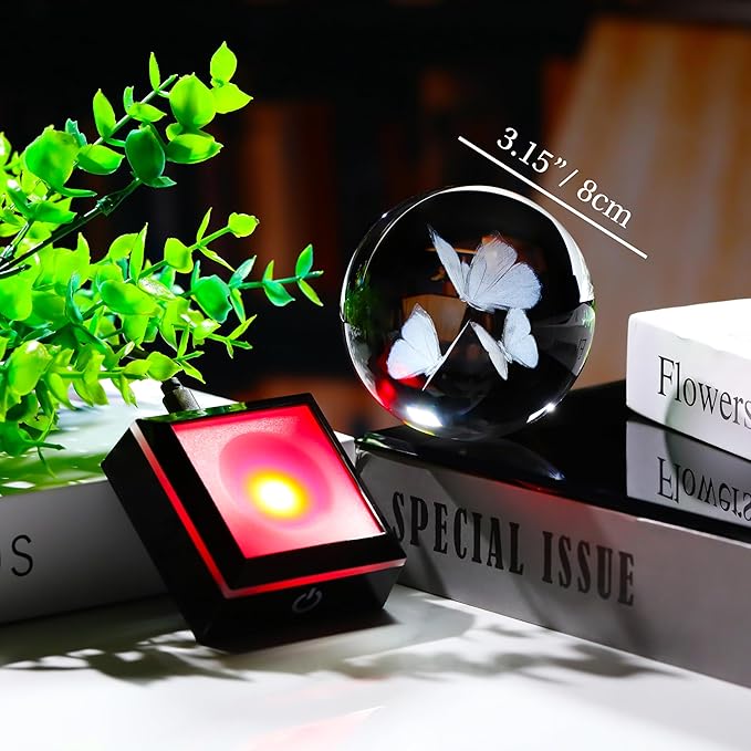 Qianwei Butterfly Gifts for Women 3D Crystal Ball 3.14'' - 80mm Laser Decor Glass Animals Figurines Statue for Room Decorations Night Light-VerdiqueGarden