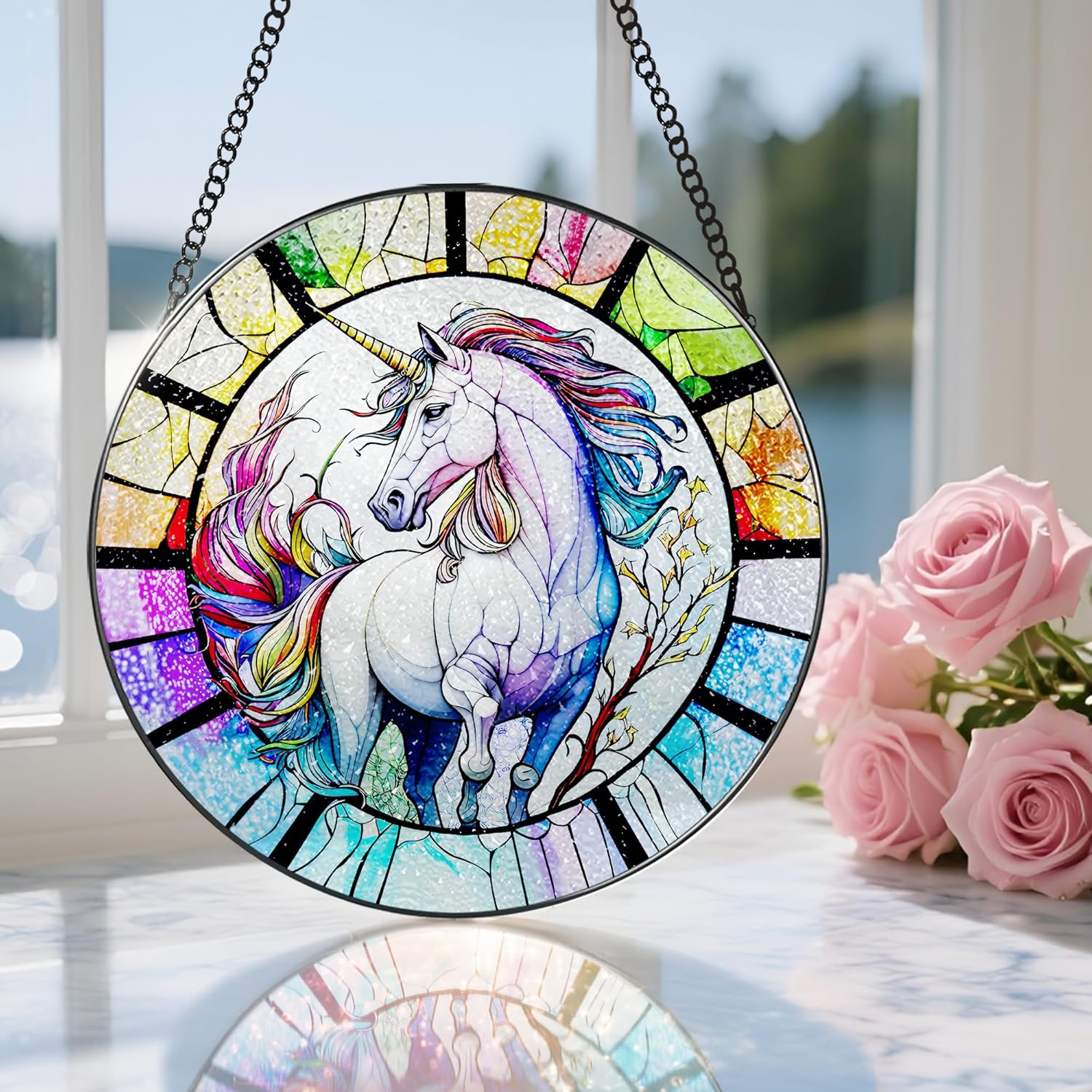 Stained Glass Window Hanging, Stained Glass Suncatcher, Unicorn Sun Catcher, Window Decor, Unicorn Gift, Gifts for Mothers Day, Christmas or Birthday Gift, Gifts for Her Mom Grandmother Daughter-VerdiqueGarden