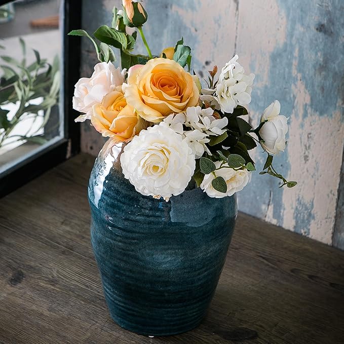 Blue Floor Vase, Ceramic Glazed Large Vase for Modern Farmhouse Home Decor, Rustic Terracotta Pottery, Vintage Clay Vase for Living Room Entryway Centerpiece-VerdiqueGarden