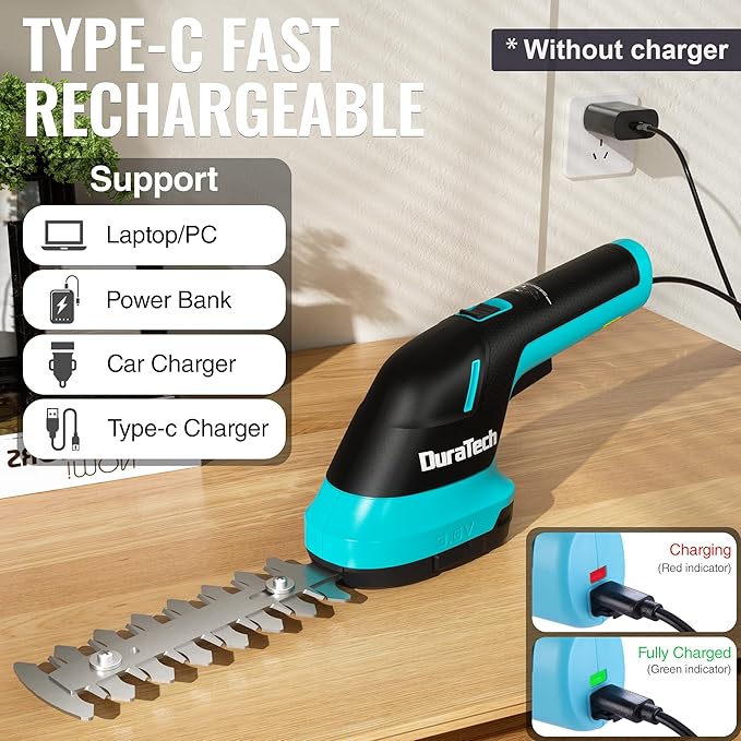 DURATECH Cordless Hedge Trimmer, 3.6V 2-in-1 Handheld Rechargeable Grass Trimmer & Hedge Shears with USB Type-C Cable, Built-in Li-ion Battery, Electric Shrub & Grass Shears for Garden, Yard and Lawn-VerdiqueGarden