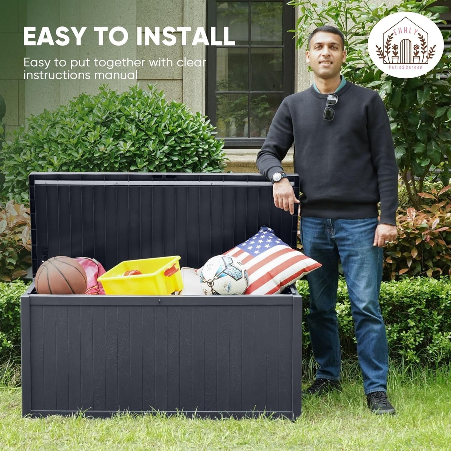 120 Gallon Outdoor Storage Box Large, Lockable Outside Containers Waterproof Patio Cushions Storage Deck Boxes, Plastic Garden Hose Boxes Resin Pool Storage Bins, Grey-VerdiqueGarden