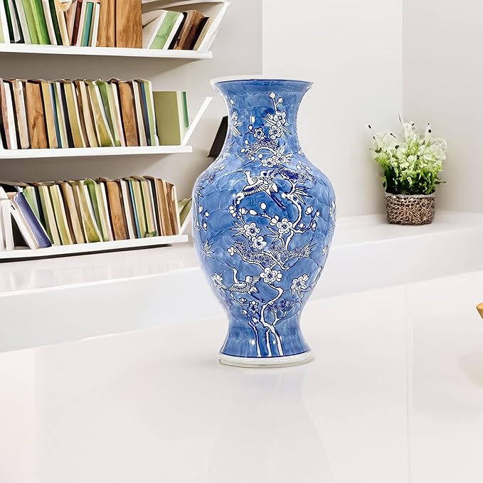 Galt International White & Blue Floral Crane Chinoiserie Ceramic Vase 14" - Hand Painted Antique Style Porcelain Bird & Flower Bottle Fishtail Porcelain Chinese Vase for Home Decor Centerpiece-VerdiqueGarden