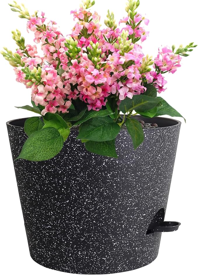 12 inch Large Self Watering Pots, Plant Pots with Mesh Drainage Holes for Indoor Outdoor Plants, Plastic Planters with Deep Reservoir for Garden House Flower Plants, Speckled Black-VerdiqueGarden