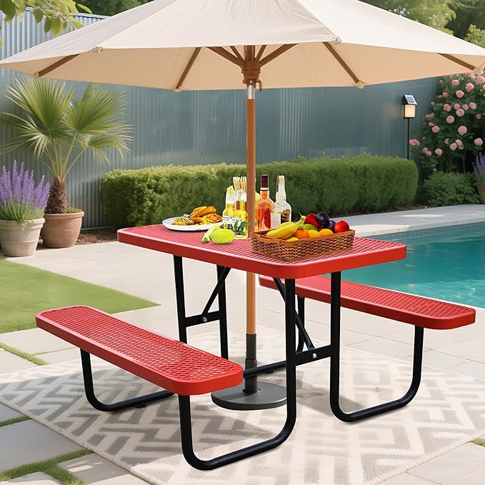 4FT Metal Picnic Tables for Outdoors, Commercial Rectangular Picnic Table and Bench Set for Outside, Patio, Garden, Backyard, Porch, Surface Mount, Red-VerdiqueGarden