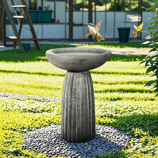 SunJet Modern Bird Bath, 24.4inches Height Fibre-Reinforced Concrete Birdbath with Textured Pedestal for Outdoor Garden, Yard, Lawn Decor-VerdiqueGarden