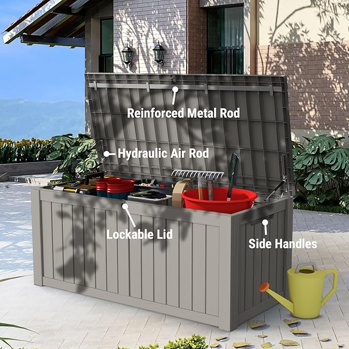 Mars Villa 119 Gallon Outdoor Storage Box Waterproof, Large Resin Deck Box for Pool Supplies Storage, Outdoor Patio Furniture Cushions, with Hydraulic Hinge, UV-Resistant and Weatherproof, Greige-VerdiqueGarden