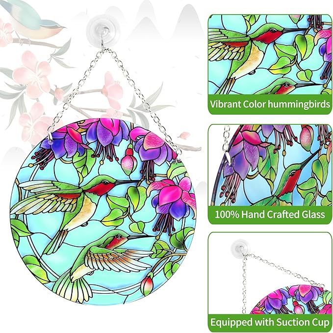Hummingbird Suncatcher Stained Glass - Hummingbird Gifts for Women, Birds Suncatchers for Windows - Birds Window Hangings with Chain and Hook, 6 inch Stained Glass Suncatcher for Mom-VerdiqueGarden