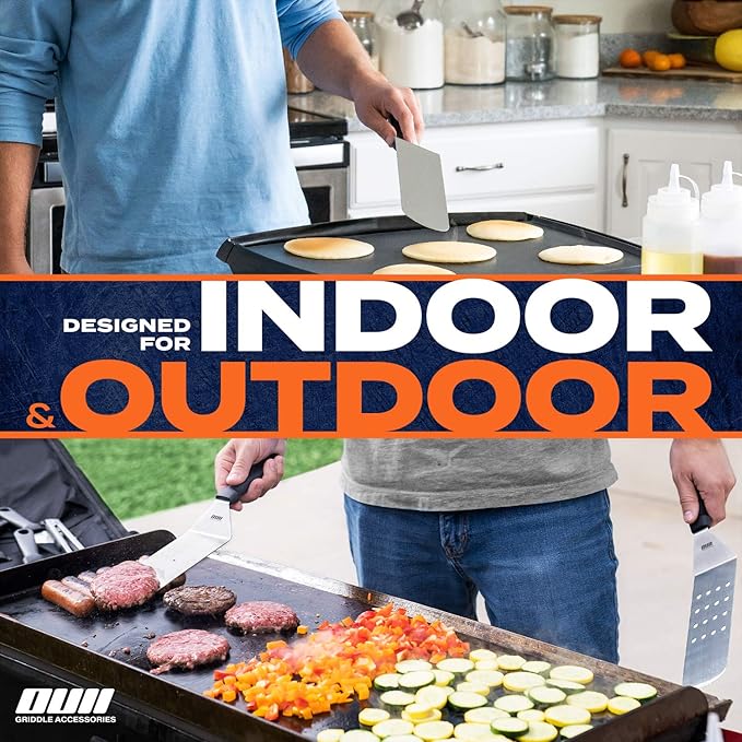 Flat Top Griddle Accessories Set for Blackstone and Camp Chef Griddle - 14 Pieces Set with Griddle Cleaning Kit & Carry Bag! Metal Spatula, Griddle Scraper, Egg Rings for Teppanyaki & Gas Grill-VerdiqueGarden