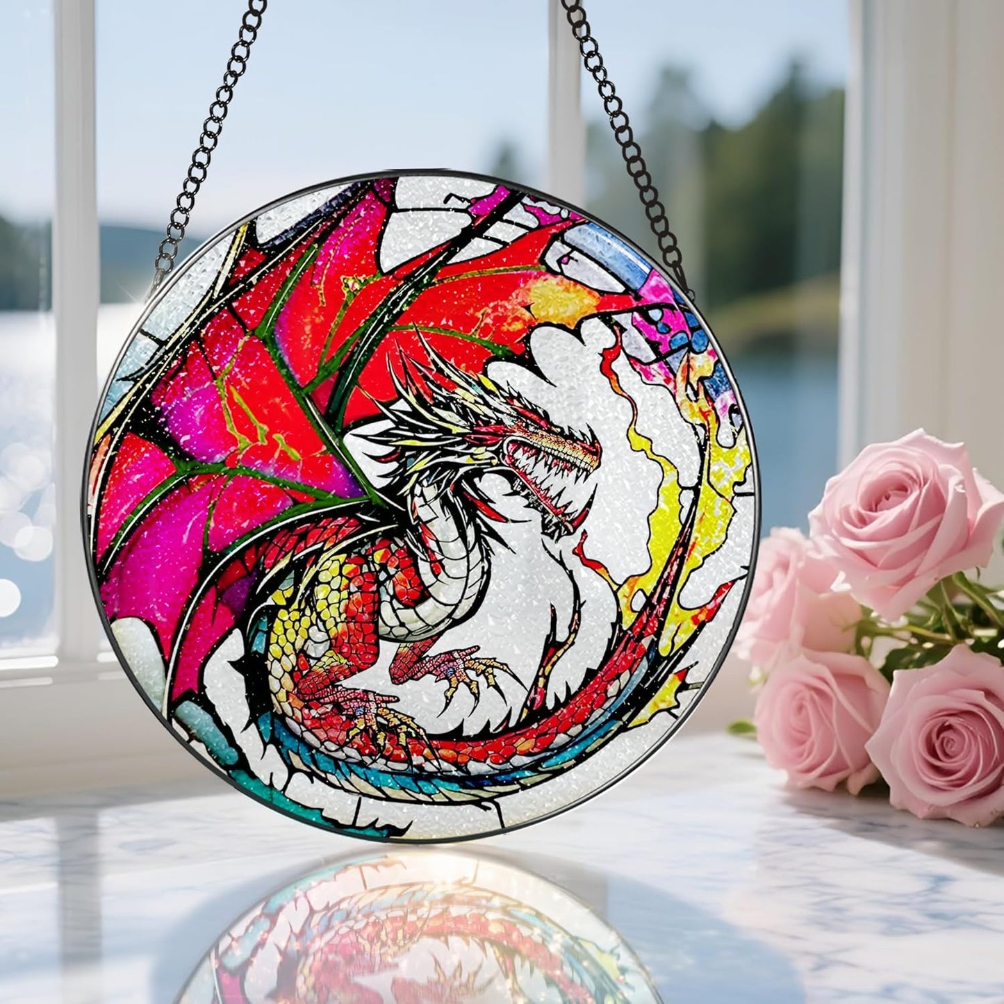 Stained Glass Window Hanging, Stained Glass Suncatcher, Dragon Sun Catcher, Window Hanging Decor, Dragon Gift, Gifts for Fathers Day, Christmas or Birthday Gift, Gifts for Him Dad Grandfather Son-VerdiqueGarden