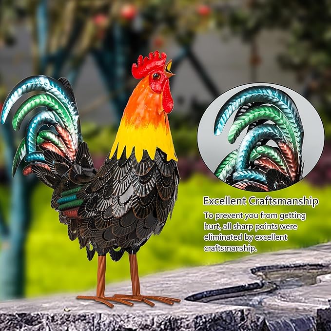 XONOR Metal Rooster Statues, Garden Chicken Decorations, Outdoor Chicken Sculpture, Metal Yard Rooster Artwork for Outdoor, Patio, Backyard and Home Kitchen Decoration (1pc, Dark Brown)-VerdiqueGarden