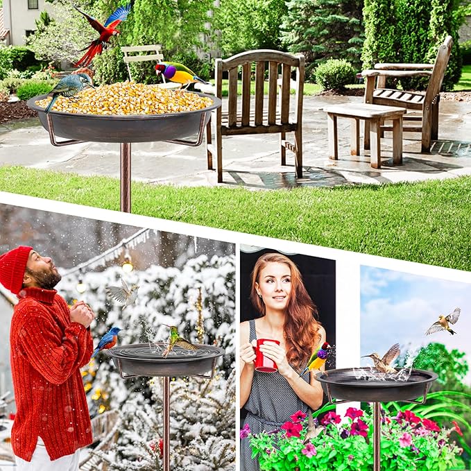 Metal Bird Bath for Outside Garden Birdbath Bowl, 36.2" Height Freestanding Bird Feeders for Outdoors with 4 Prongs Base Stake, Standing Birdfeeders for Yard Lawn Decor (Retro Copper)-VerdiqueGarden