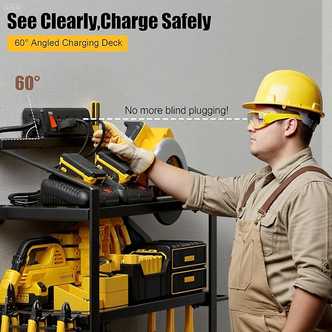 Power Tool Organizer With Charging Station, Heavy Duty Steel 4 Slots, Tool Battery Holder with 4 Outlet Power Strip, Easy To Install Garage Storage Rack for Workshop/Shed Gift For Men-VerdiqueGarden