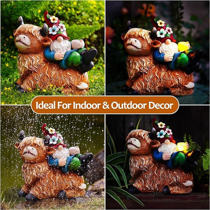 Garden Gnomes Decor Outdoor Statues Gnome on Highland Cow Hold Solar Cup Light Outdoor Decorations for Patio,Yard and Gift for Mom-VerdiqueGarden