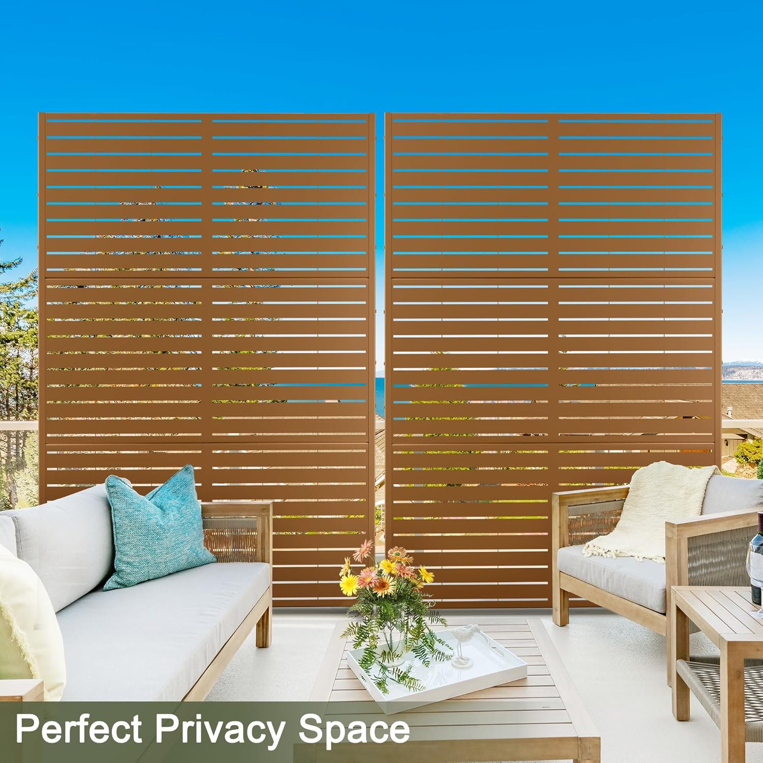 Metal Privacy Screen Outdoor 72" H×47" W, Freestanding Decorative Privacy Screen for Balcony Yard&Garden,Privacy Fence-Brown&Louvered-VerdiqueGarden