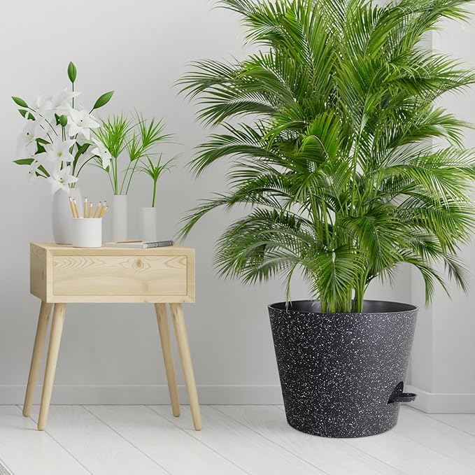 12 inch Large Self Watering Pots, Plant Pots with Mesh Drainage Holes for Indoor Outdoor Plants, Plastic Planters with Deep Reservoir for Garden House Flower Plants, Speckled Black-VerdiqueGarden