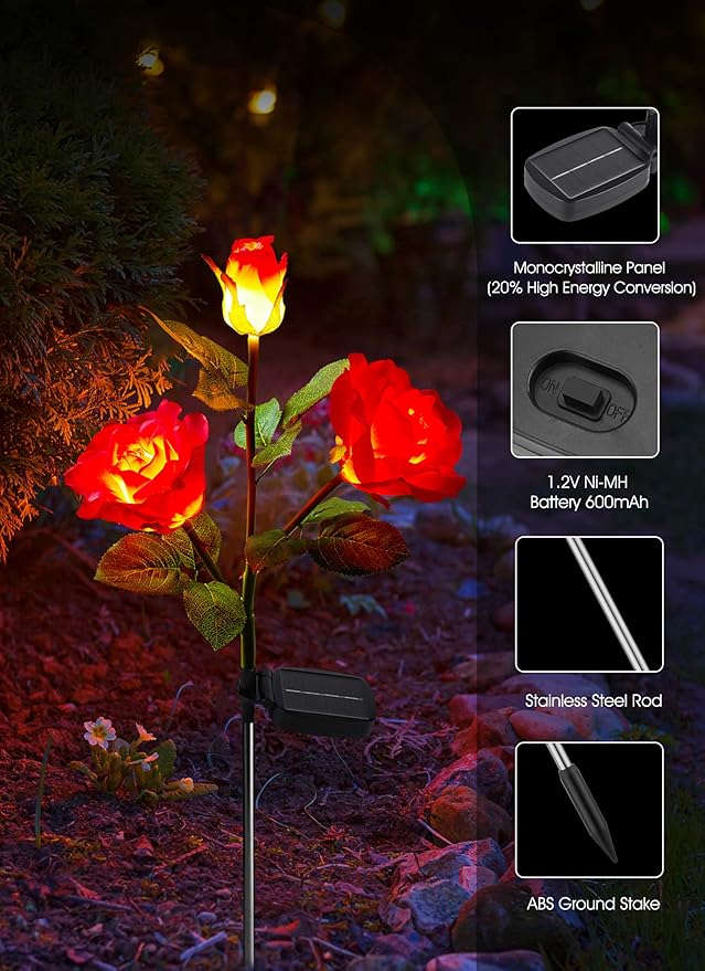 Garden 4 Pack LED Solar Flower Lights with Larger & More Realistic Rose Flowers, Bigger Solar Panel, Waterproof Solar Outdoor Lights for Yard Patio Lawn Pathway Walkway Decoration-VerdiqueGarden