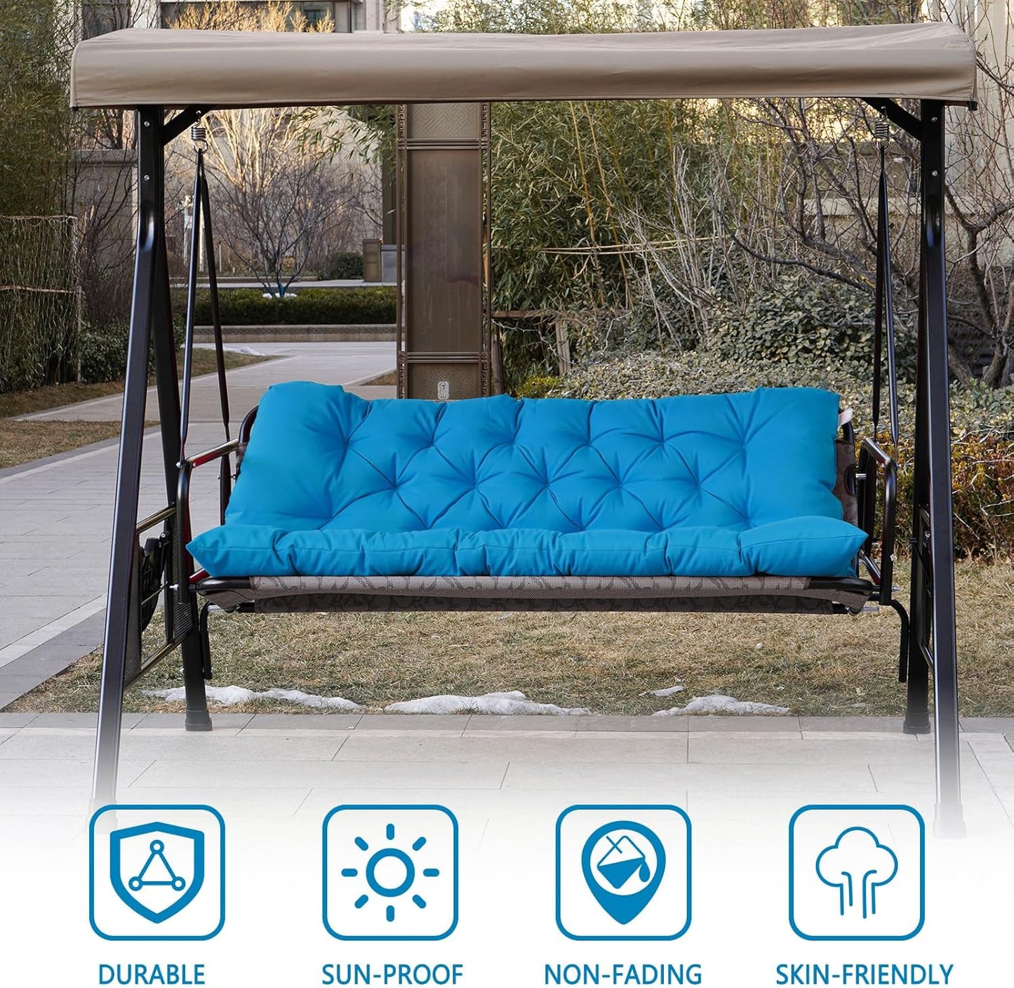 Porch Swing Cushions,Outdoor Cushions 3 Seater Replacement with Backrest, Waterproof Thickened Bench Cushion with Ties for Porch, Patio,Outdoor, Backyard and Garden (Sky Blue 60 * 40 in)-VerdiqueGarden