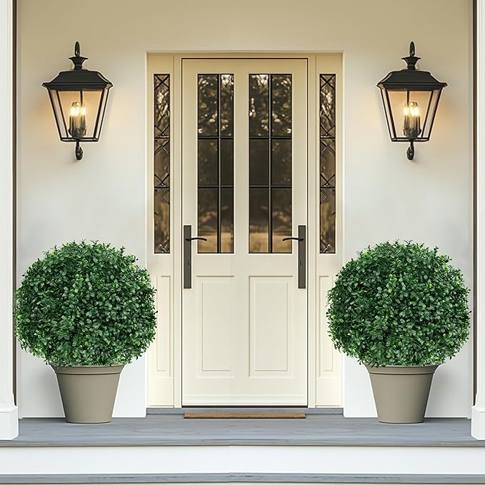 Artificial Boxwood Topiary Ball Tree with Ground Spike, Set of 2 Artificial Shrub Bushes, Fake Evergreen Tree for Porch, Artificial Plants for Outdoor Planters Indoor UV Resistant-VerdiqueGarden