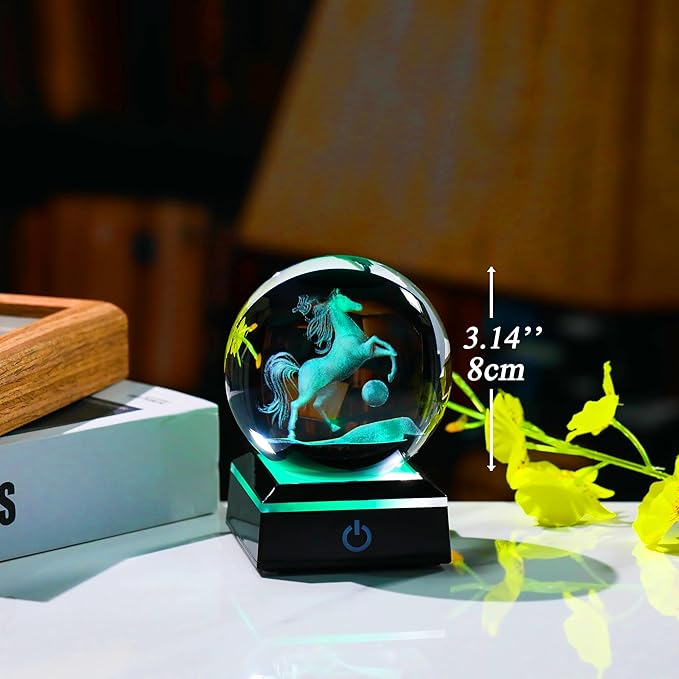 Qianwei Horse Gifts for Women 3D Crystal Ball 3.14'' - Laser Horse Decor Glass Animals Horse Gifts Figurines Statue Stuff for Room Decorations Horse Night Light-VerdiqueGarden