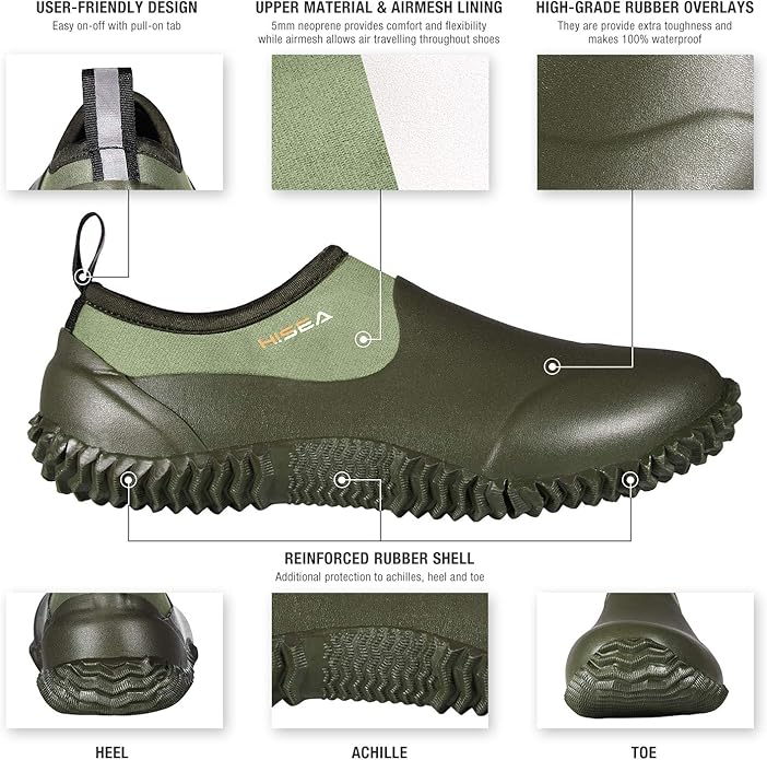 HISEA Unisex Waterproof Garden Shoes, Men's Rubber Rain Boots Women's Ankle Rain Shoes Neoprene Camp Booties Outdoor Slip-On Footwear for Gardening, Farming, Camping, Car Wash, Lawn Care and Yard Work-VerdiqueGarden