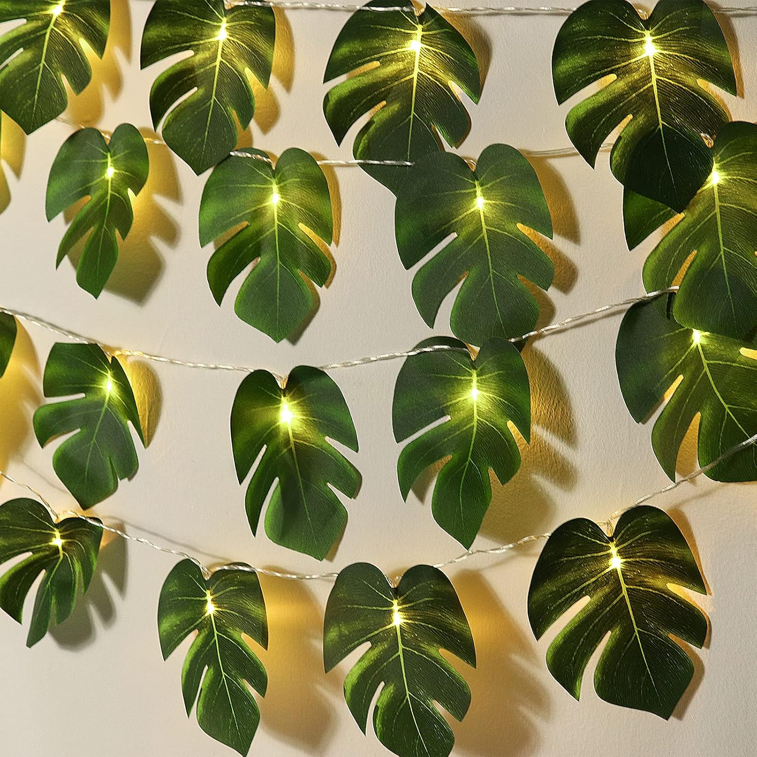 RECUTMS Monstera Leaf String Lights 2 Pack, 20LED Tropical Artificial Rattan Palm Green Leaves Wall Hanging Vine Greenery,Outdoor Indoor Hawaiian Luau Jungle Safari Beach Theme Party Summer Decoration-VerdiqueGarden