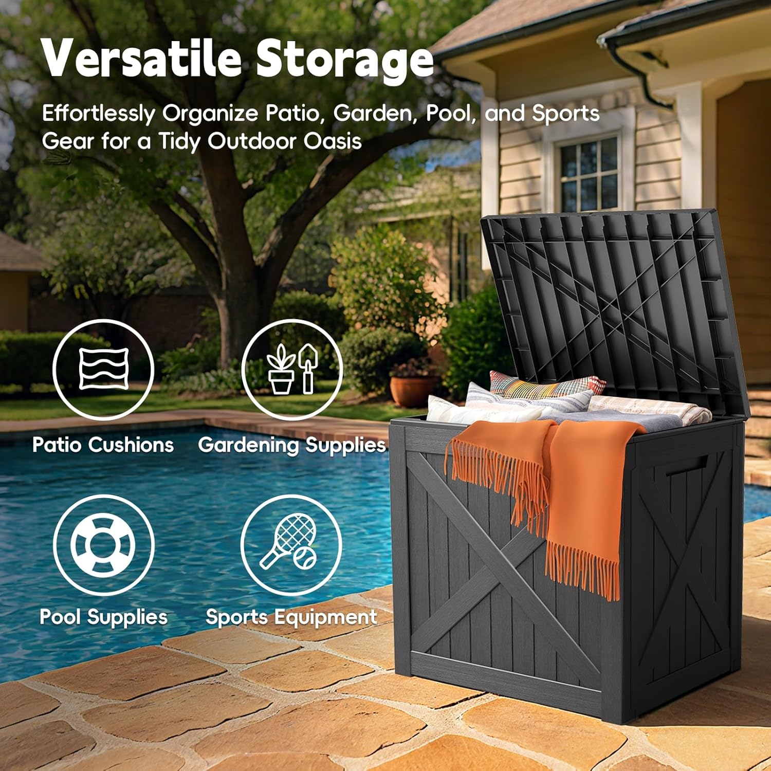 Outdoor Storage Box, 35 Gallon Waterproof Resin Deck Box, Storage Bin for Package Delivery, Patio Furniture Cushion, Garden Tools, Pool Accessories, Weatherproof and UV Resistant, Black-VerdiqueGarden
