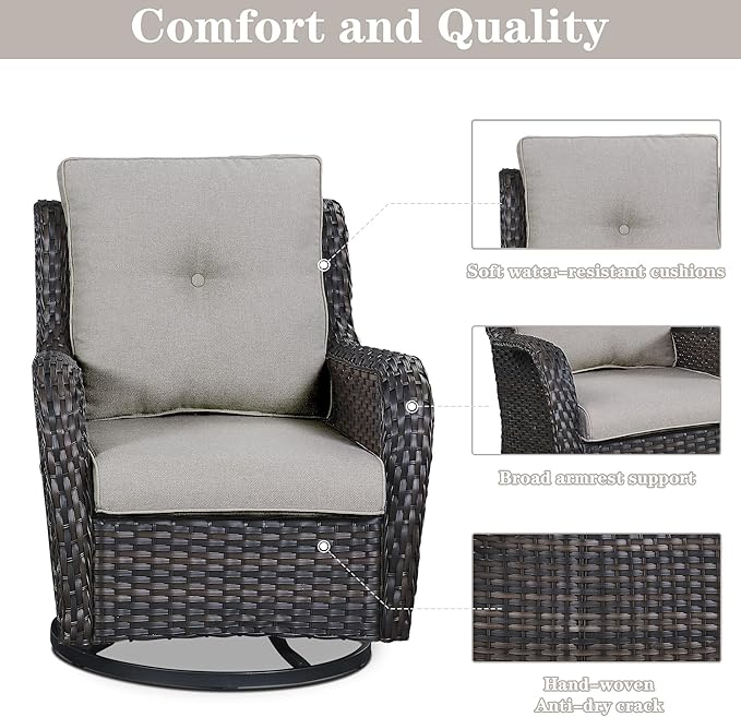 5 Pieces Patio Furniture Sets Wicker Outdoor Furniture, Rattan Patio Swivel Glider Chairs with 2 Ottoman and Glass Side Table-VerdiqueGarden