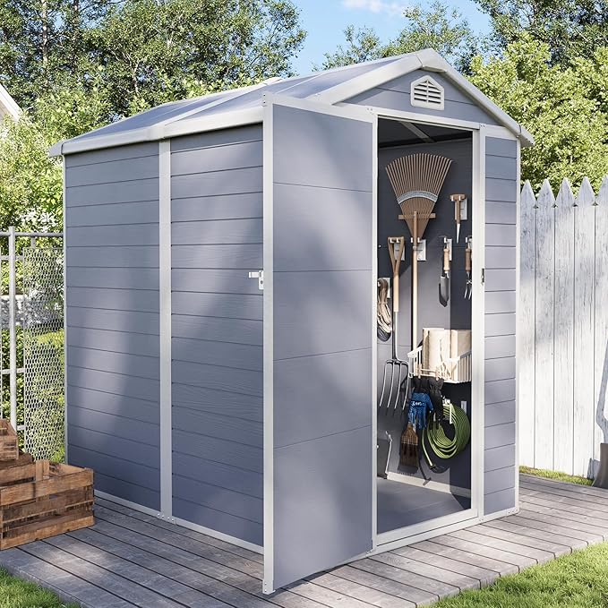 Aoxun 6.3 X 4.2 FT Resin Storage Shed Outdoor Plastic Large Garden Shed with Lockable Door, Floor for Backyard, Garden, Patio, Lawn, Grey (Grey, 6.3 x 4.4)-VerdiqueGarden