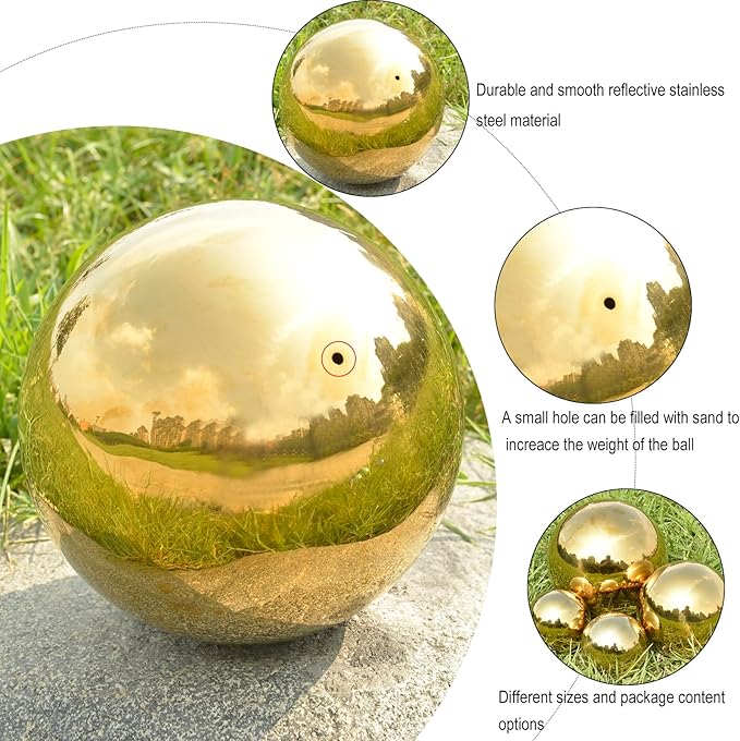Nerien Gazing Ball, Stainless Steel Garden Mirror Globe, Polished Ornament Sphere, Hollow Floating Reflective Hemisphere, for Home Outdoor Pond Housewarming Swimming Pool Decoration, Gold, 8Pcs-VerdiqueGarden