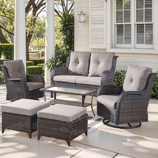 Outdoor Wicker Patio Furniture Set - 6 Piece Rattan Patio Conversation Set with 2 Rocking Swivel Chairs,2 Ottomans,1 Loveseat and 1 Coffee Table for Porch Deck Backyard Garden(Brown/Grey)-VerdiqueGarden
